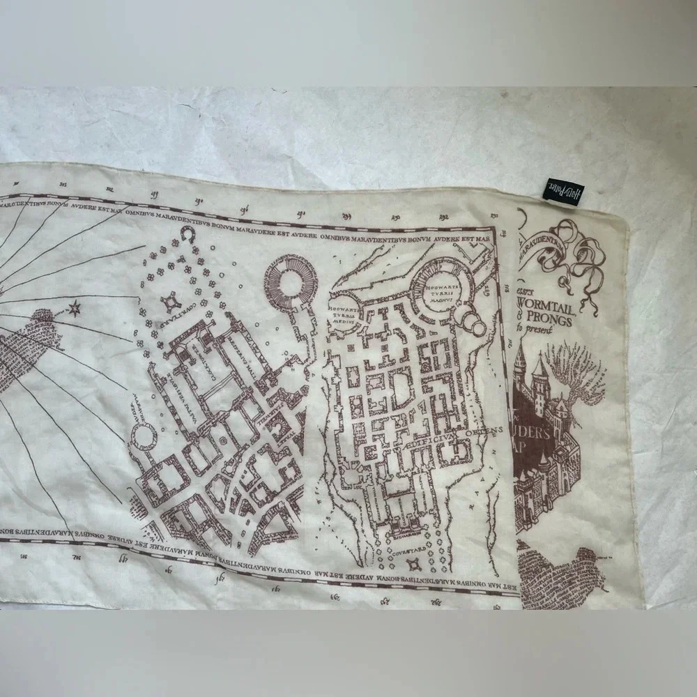 Harry Potter Marauders Map Womens Scarf Sheer Polyester Brown Cream 76 x 19’